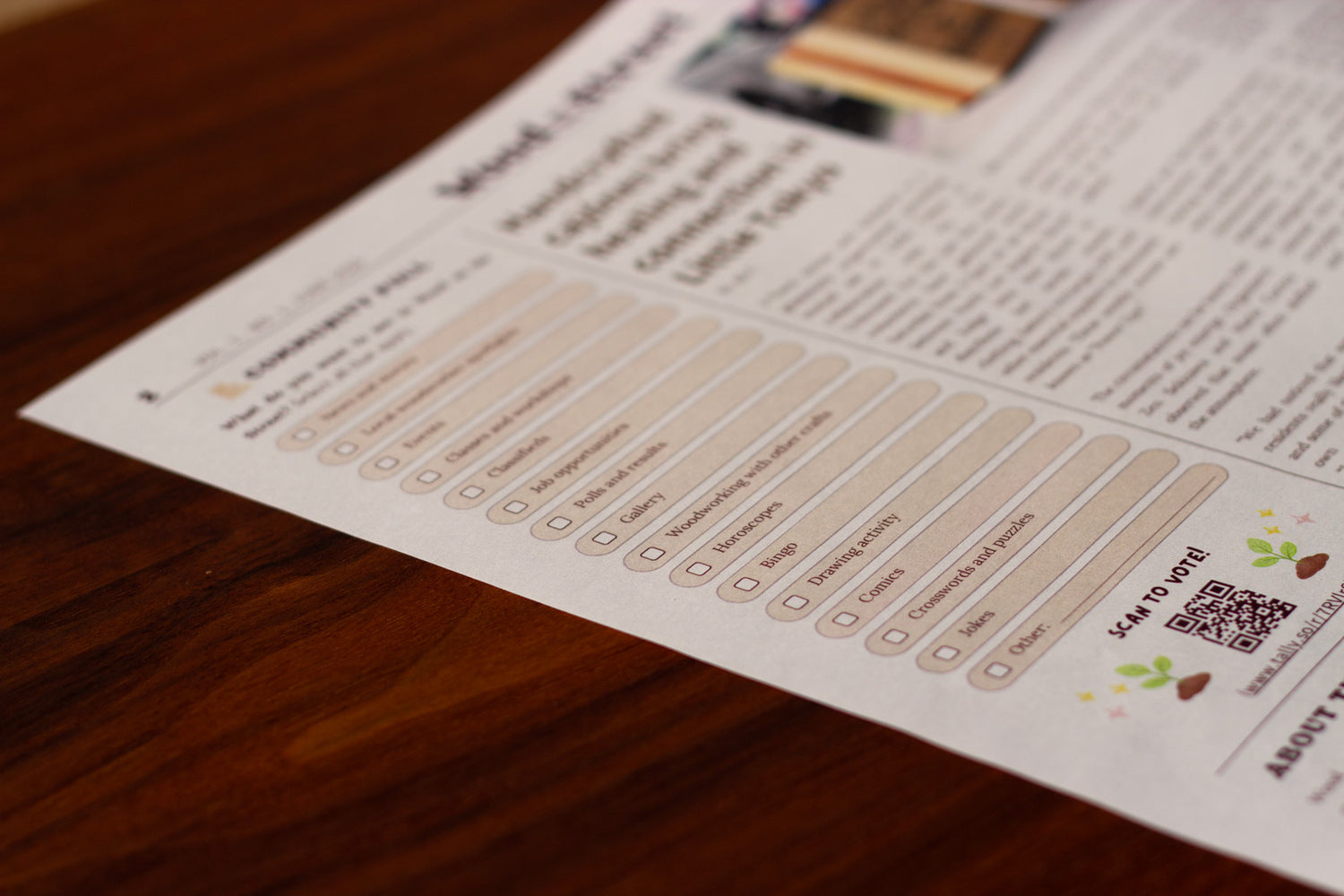 Close-up of the community poll on a wooden surface